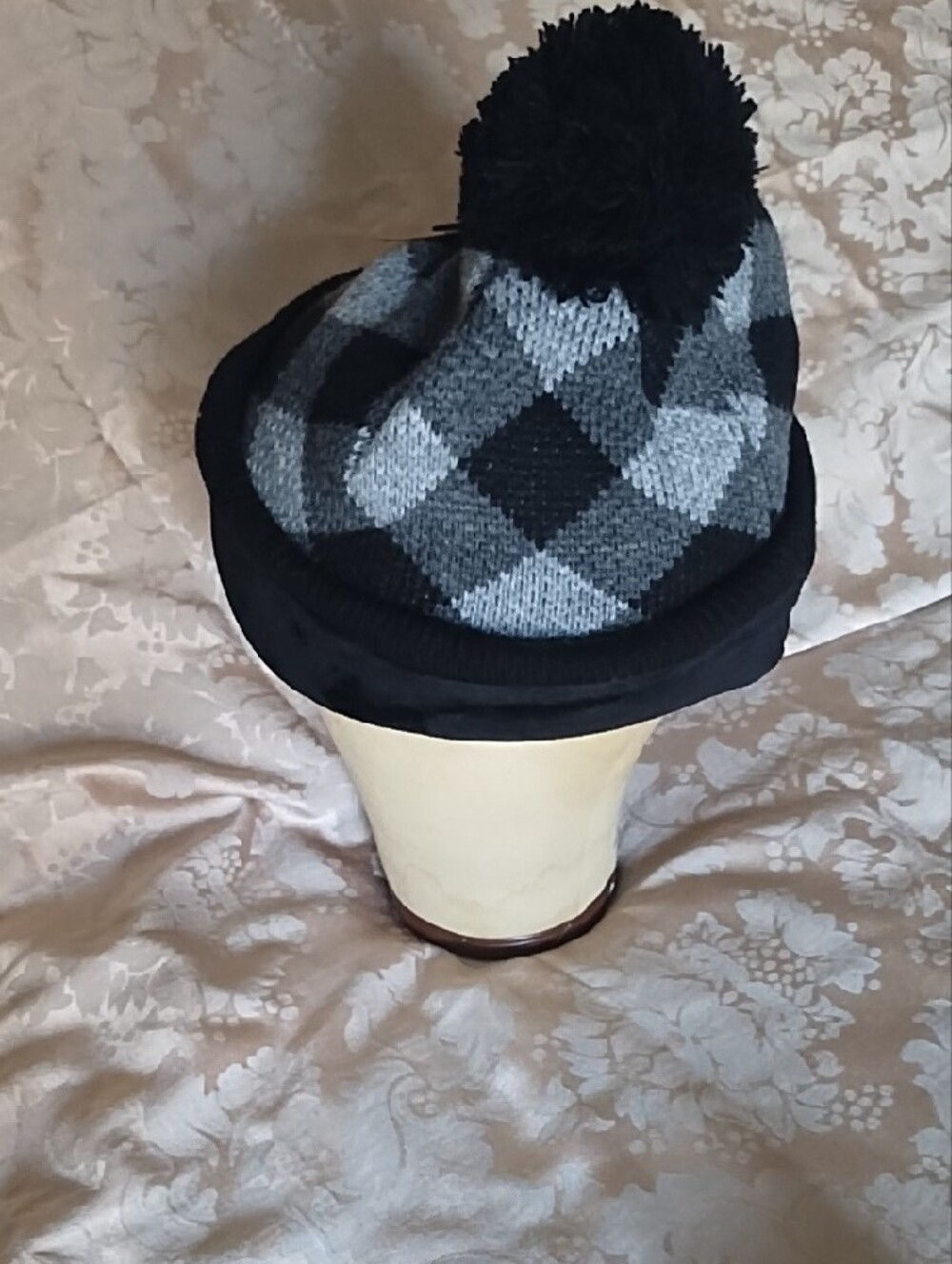 Field & Stream Black and Gray Buffalo-Check Pom Beanie